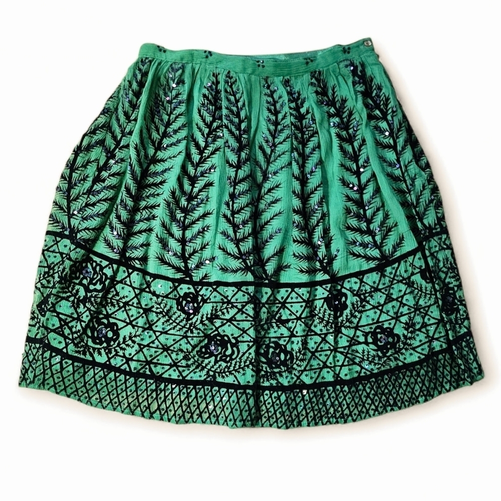 Rachel 100% Silk Vibrant Green A-Line Boho Skirt with Black Embroidery, Size 2